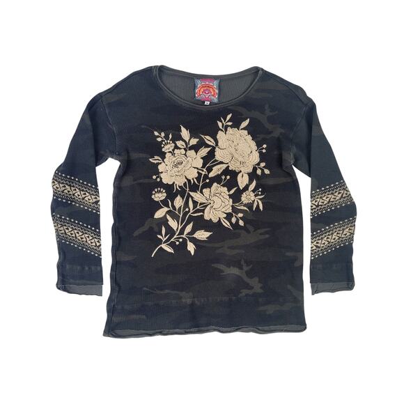 Johnny Was Tops - Johnny Was Floral Embroidered 3/4 Length Camo Thermal Tee Women's Sz M